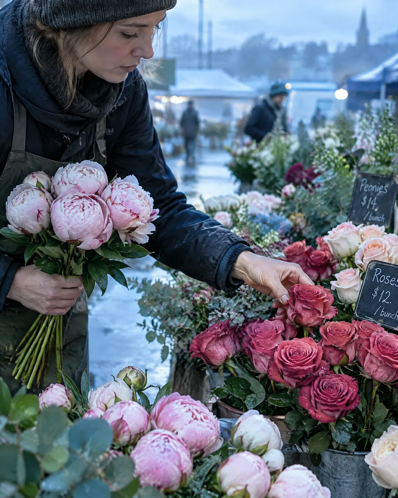 Флорист собирает букет на цветочном рынке в Кутаиси